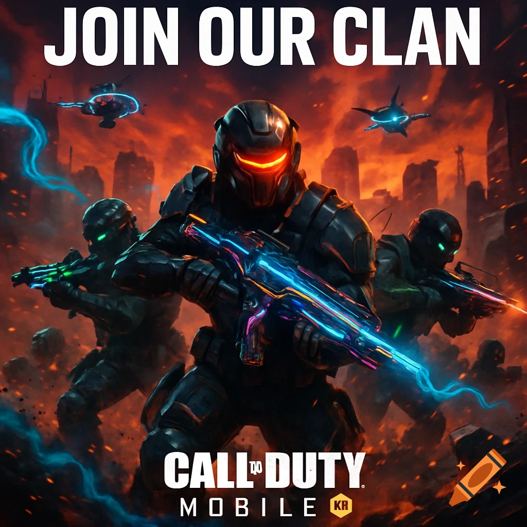 Three futuristic armored soldiers with glowing weapons in a fiery cityscape. Text reads 'JOIN OUR CLAN' and 'CALL OF DUTY MOBILE KR'.