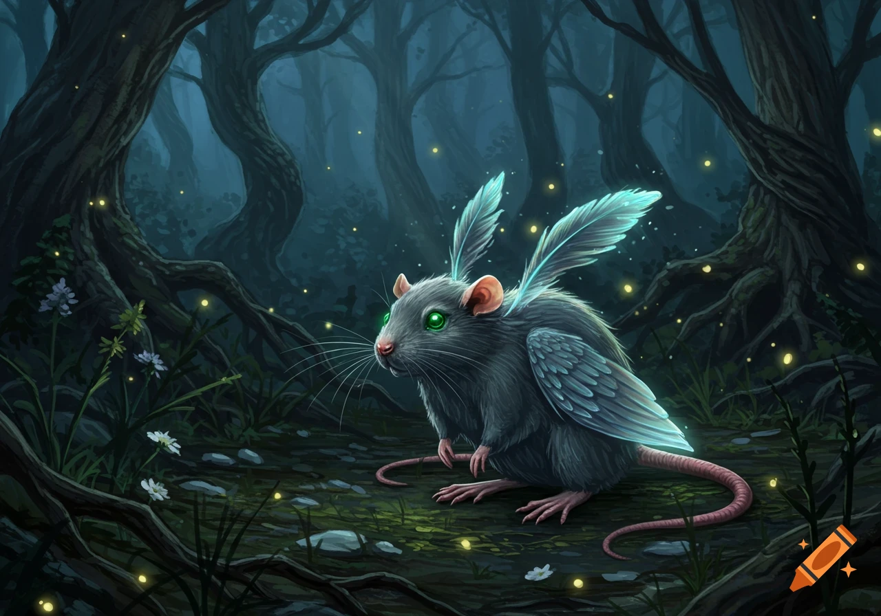 A fantasy creature, a gray rat with bright green eyes and glowing feathered wings, sits in a dark, mystical forest illuminated by fireflies.