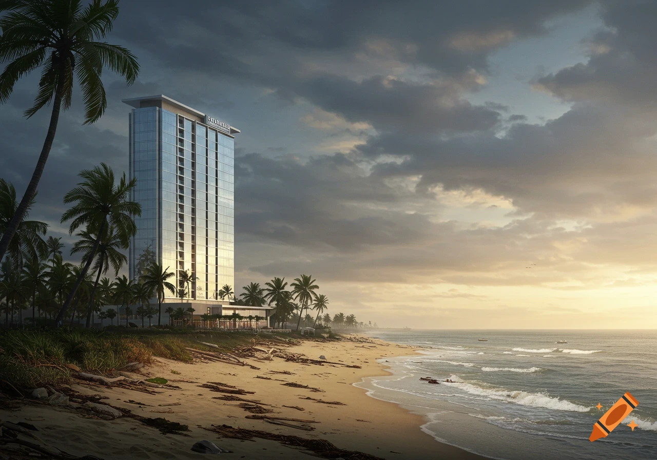 Photorealistic image of a tall hotel on a sandy Florida beach with palm trees and debris under a cloudy sky.