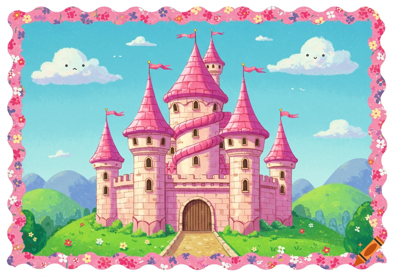 Colorful cartoon pink castle on a green hill with smiling clouds, framed by a whimsical floral border.