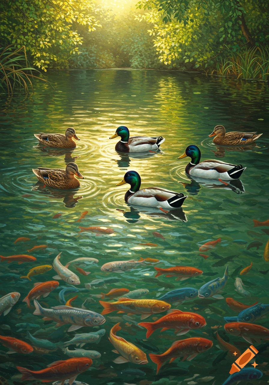 Four ducks float on a pond filled with many colorful fish beneath the surface, bathed in sunlight filtering through green trees.