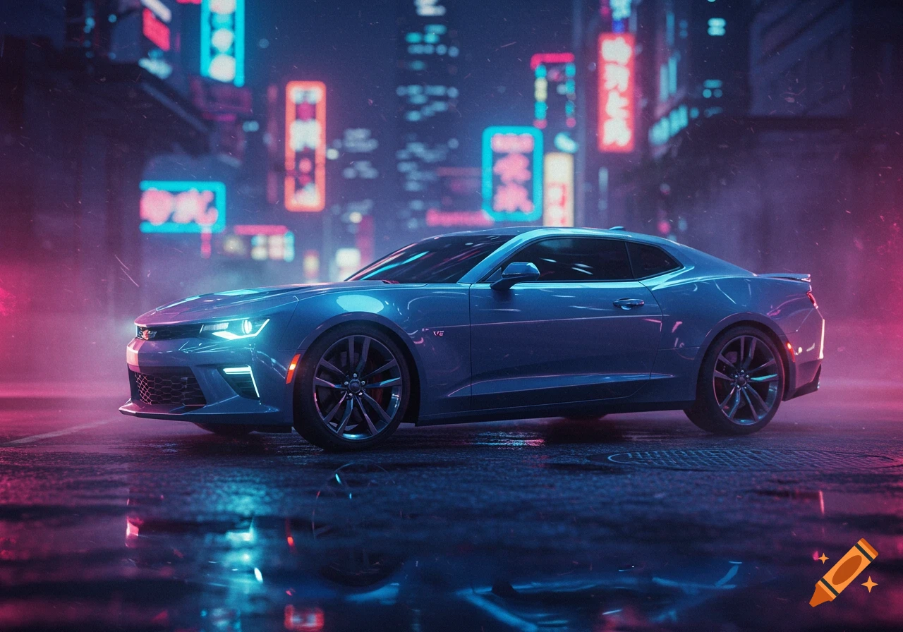 Blue Chevrolet Camaro parked on a wet street at night with neon-lit city buildings in the background.