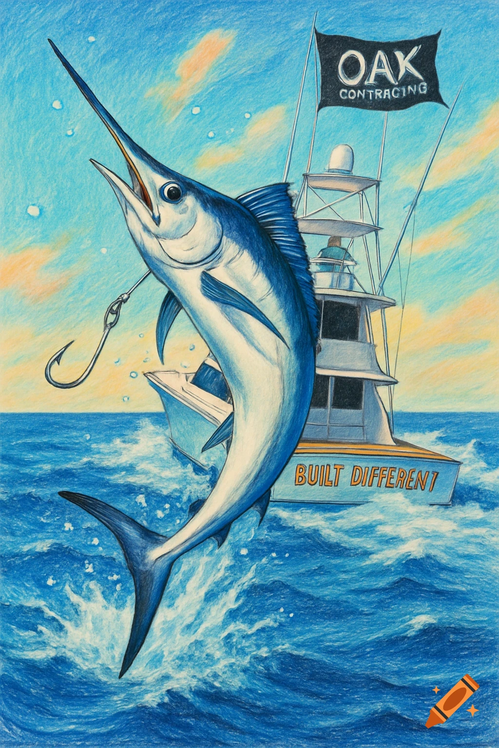 A blue and white marlin fish leaps from the water, hooked. A fishing boat with 'BUILT DIFFERENT' and an 'OAK CONTRACTING' flag is in the background. Colored drawing style.