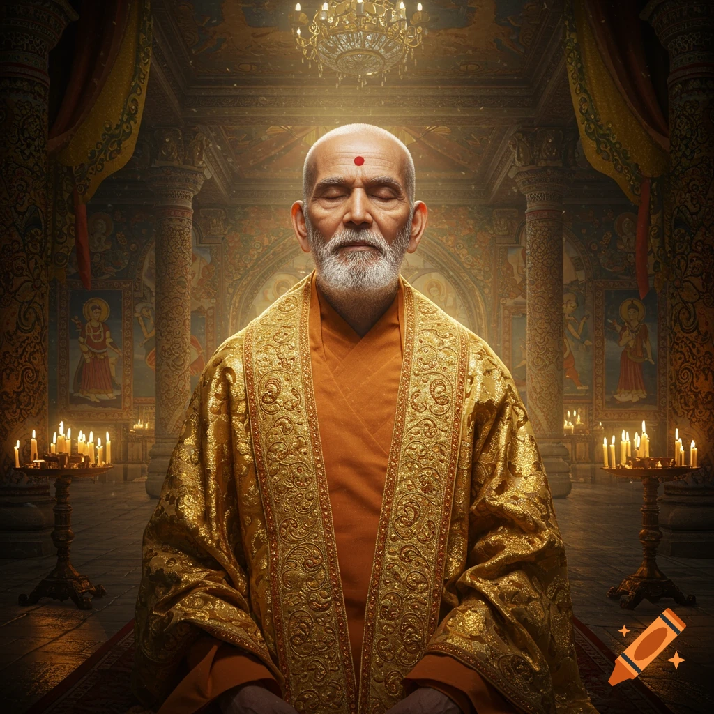 A photorealistic image of an elderly bearded man in golden robes meditating in a dimly lit temple filled with candles and ornate pillars.