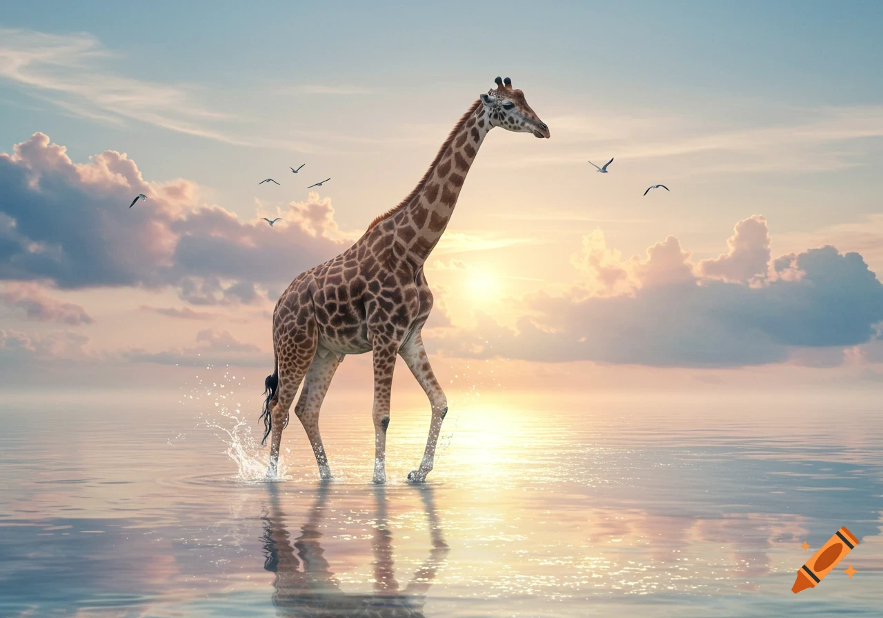 A photorealistic image of a gargantuan giraffe wading through a calm ocean at sunset, with birds flying overhead.