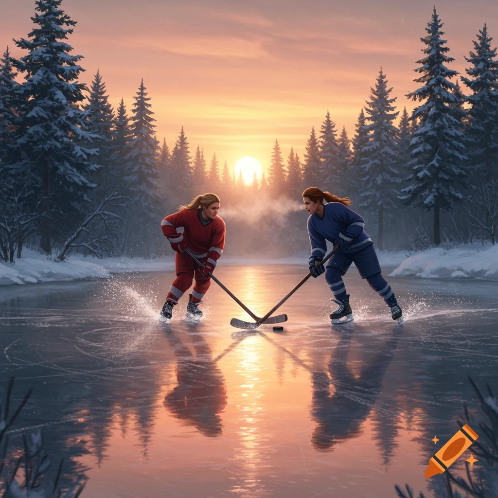 Two female hockey players face off on a frozen river surrounded by snow-covered pine trees during a sunset.