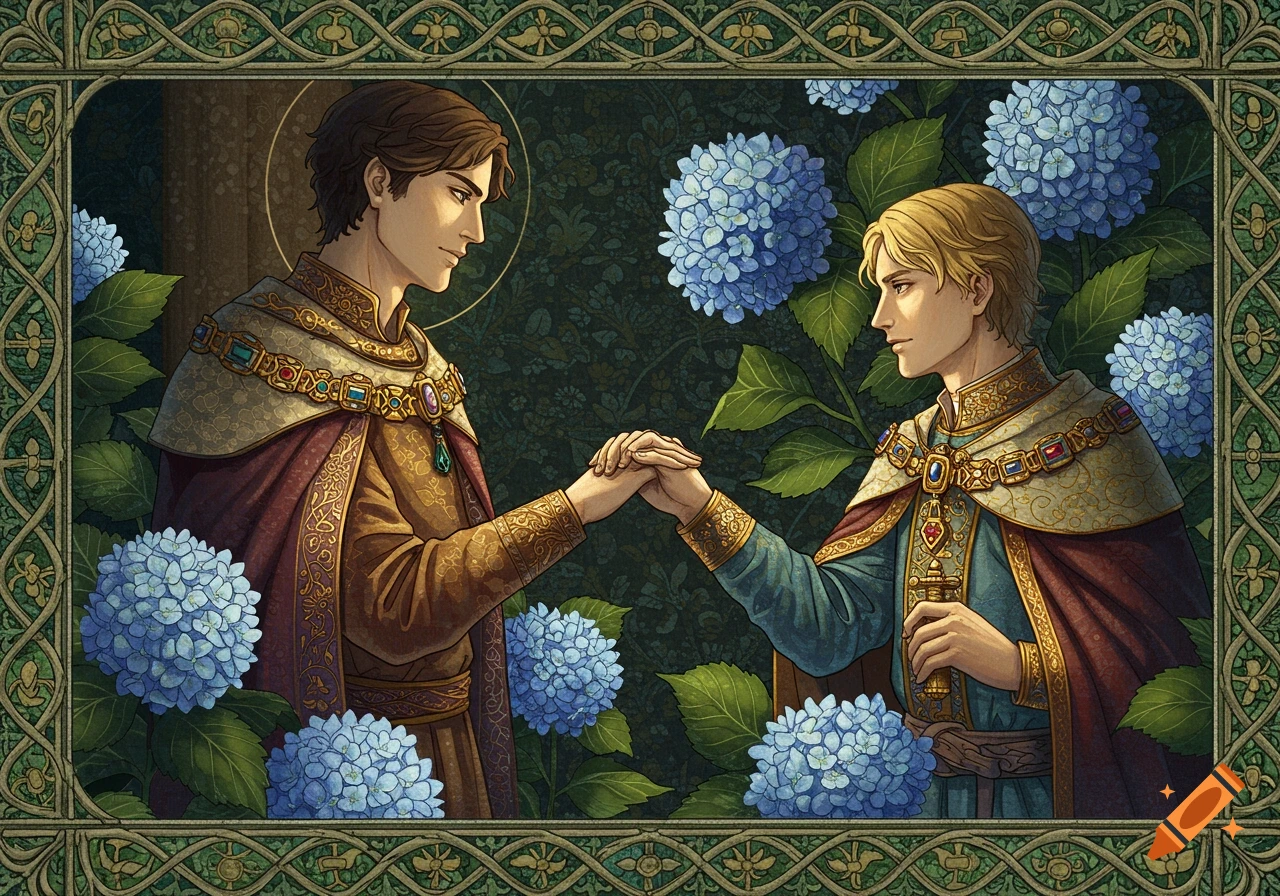 Two kings in medieval attire hold hands amidst blue hydrangeas, framed by an ornate green tapestry border.