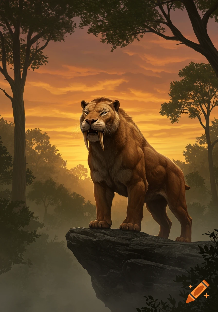A majestic saber-tooth tiger stands on a rocky cliff overlooking a misty forest with a vibrant orange sunset sky.