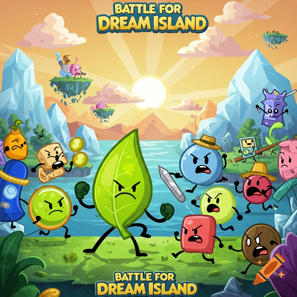 Cartoon-style characters, anthropomorphic objects like a leaf and a blueberry, battle on a grassy island against a sunset backdrop with floating islands.