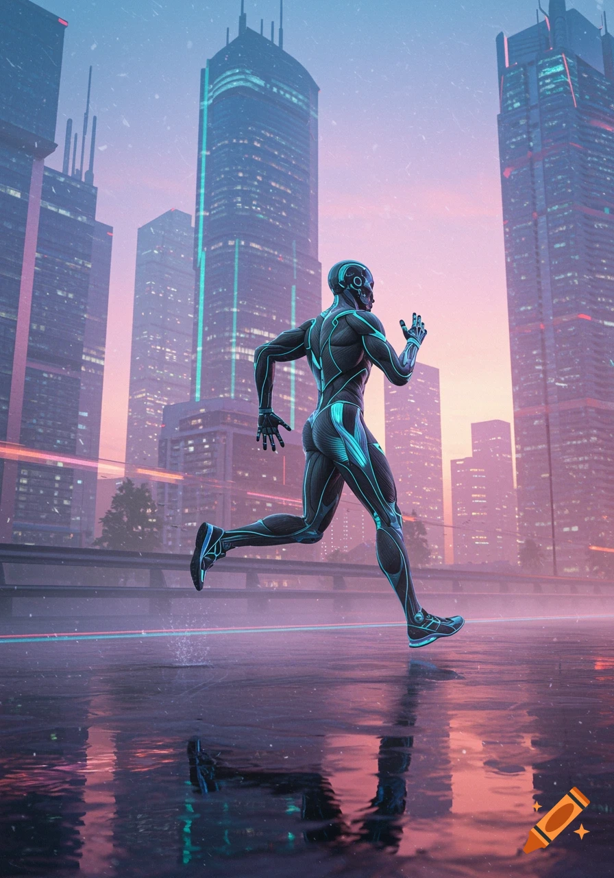 A futuristic runner in a sleek suit with glowing blue accents runs through a rain-slicked cyberpunk city at dusk.