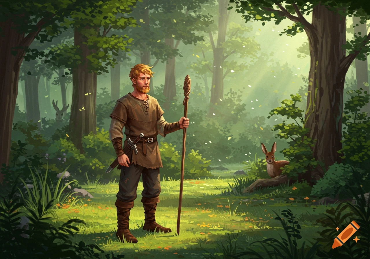 A man with a staff stands in a sunlit forest, with a deer and a rabbit nearby, in a detailed fantasy illustration.