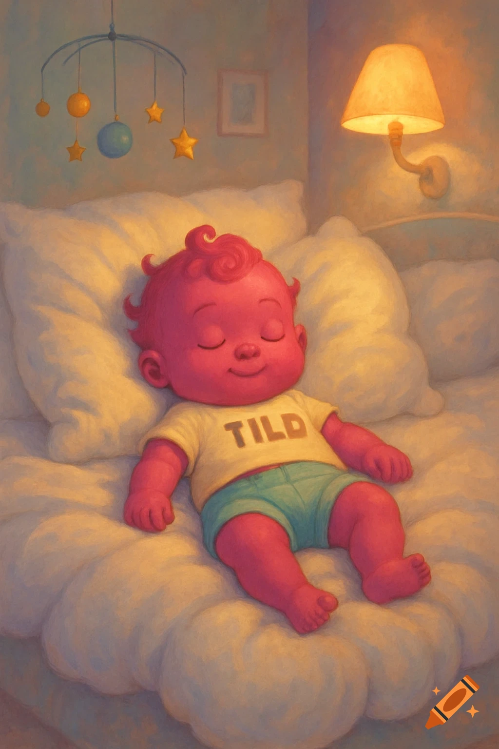 A magenta-skinned baby in a yellow "TILD" shirt and blue shorts sleeps soundly on a fluffy white bed, illuminated by a warm bedside lamp and with a mobile overhead, in a soft, illustrative style.