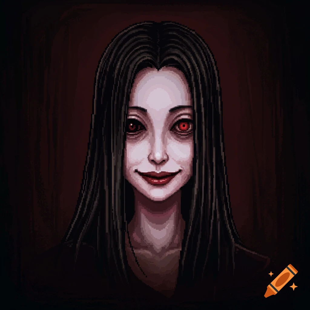 Pixel art portrait of a pale-skinned woman with long black hair, red eyes, and a slight smile on a dark background.