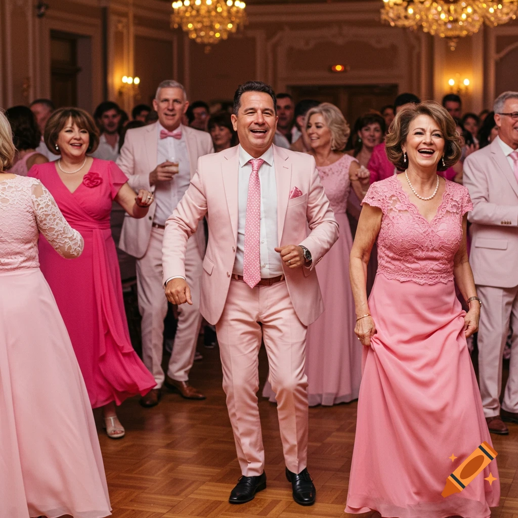 Middle-aged men and women in pink dresses and suits dancing in a ballroom.