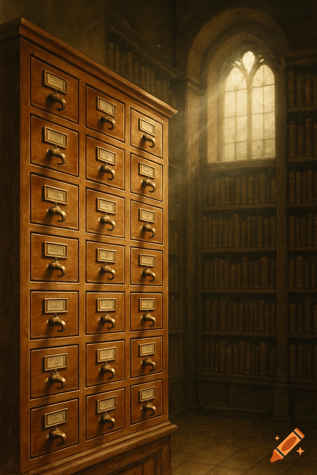 A large wooden library card catalog cabinet bathed in light from a gothic window, with bookshelves in the background.