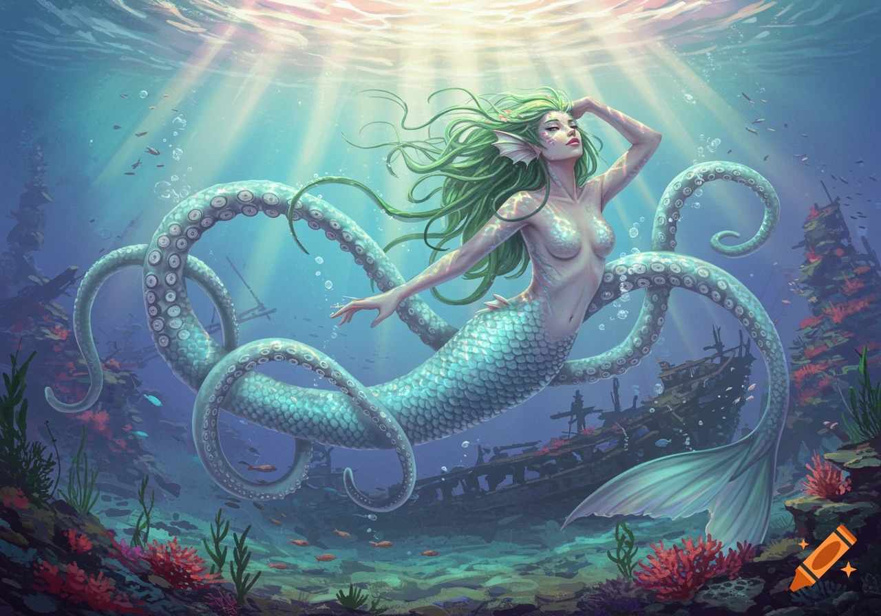 An enchanting mermaid with green hair and octopus tentacles for a lower body swims among shipwrecks and coral in a sunlit underwater scene.
