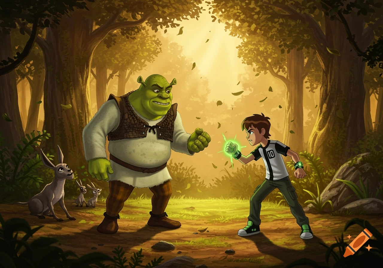Shrek and Ben 10 face off in a sunlit forest, Ben's hand glowing green, as Donkey and baby donkeys watch.