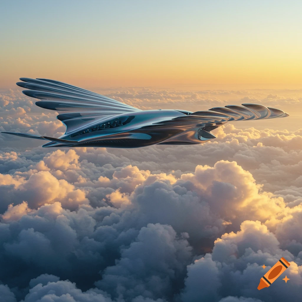 A sleek, futuristic aircraft with unique wings flies above fluffy clouds during sunrise.