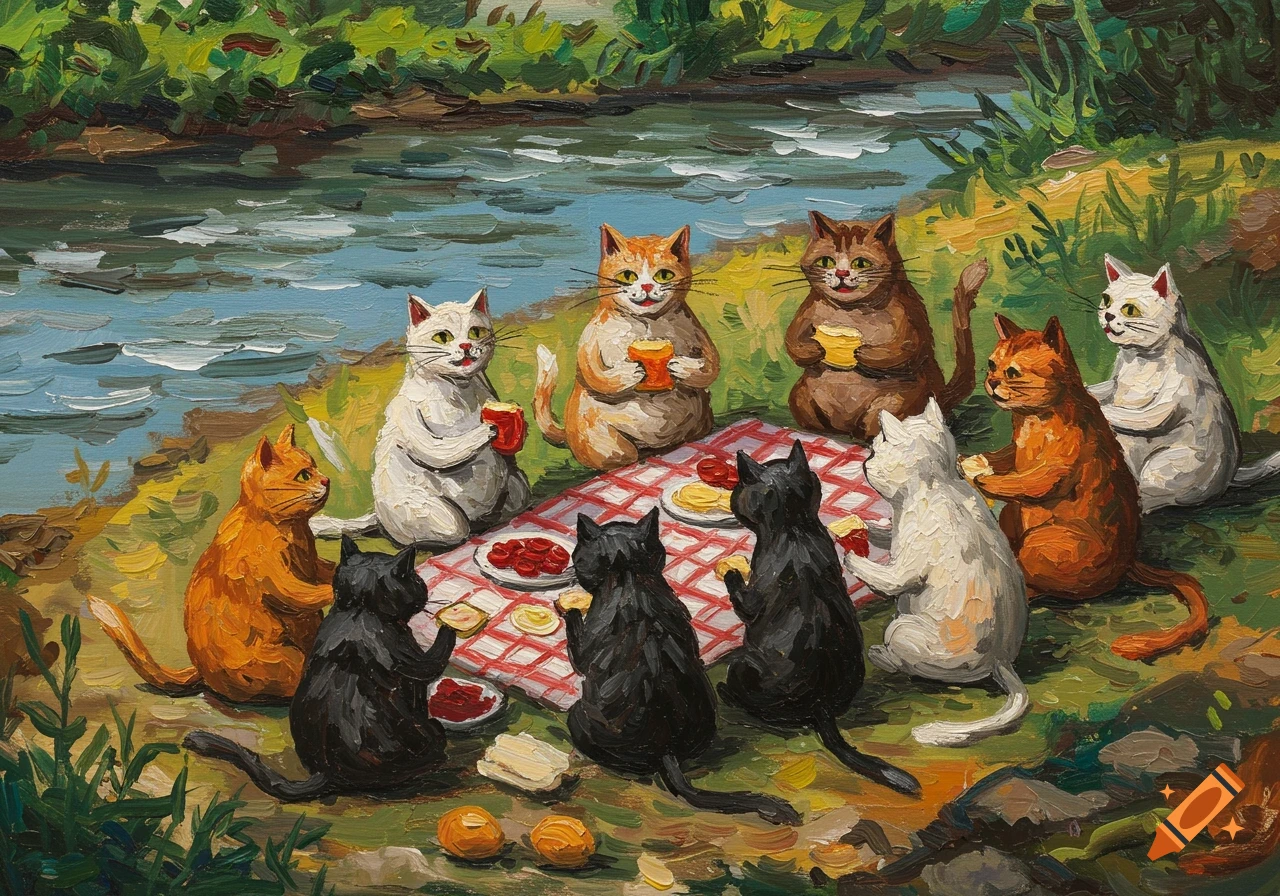 A naive-style painting depicts several cats having a picnic by a river, with thick, messy brushstrokes.