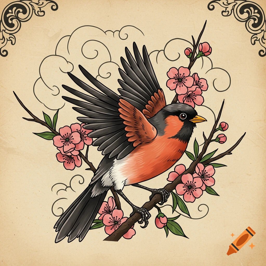 Traditional tattoo style illustration of a bird with red and black feathers on a cherry blossom branch, wings spread.