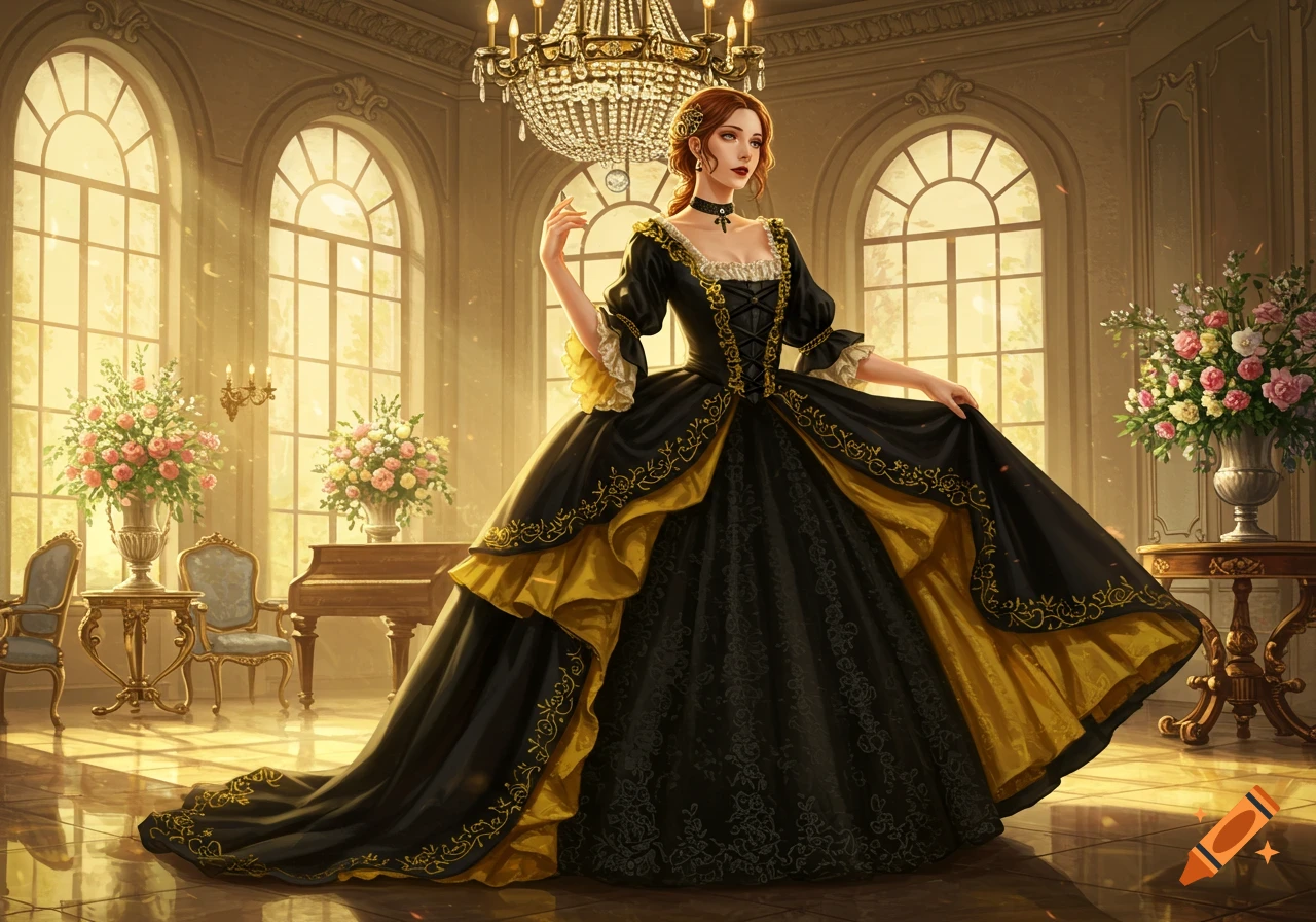 A woman in an elaborate black and gold romantic style gown stands in a grand, sunlit ballroom with tall arched windows.