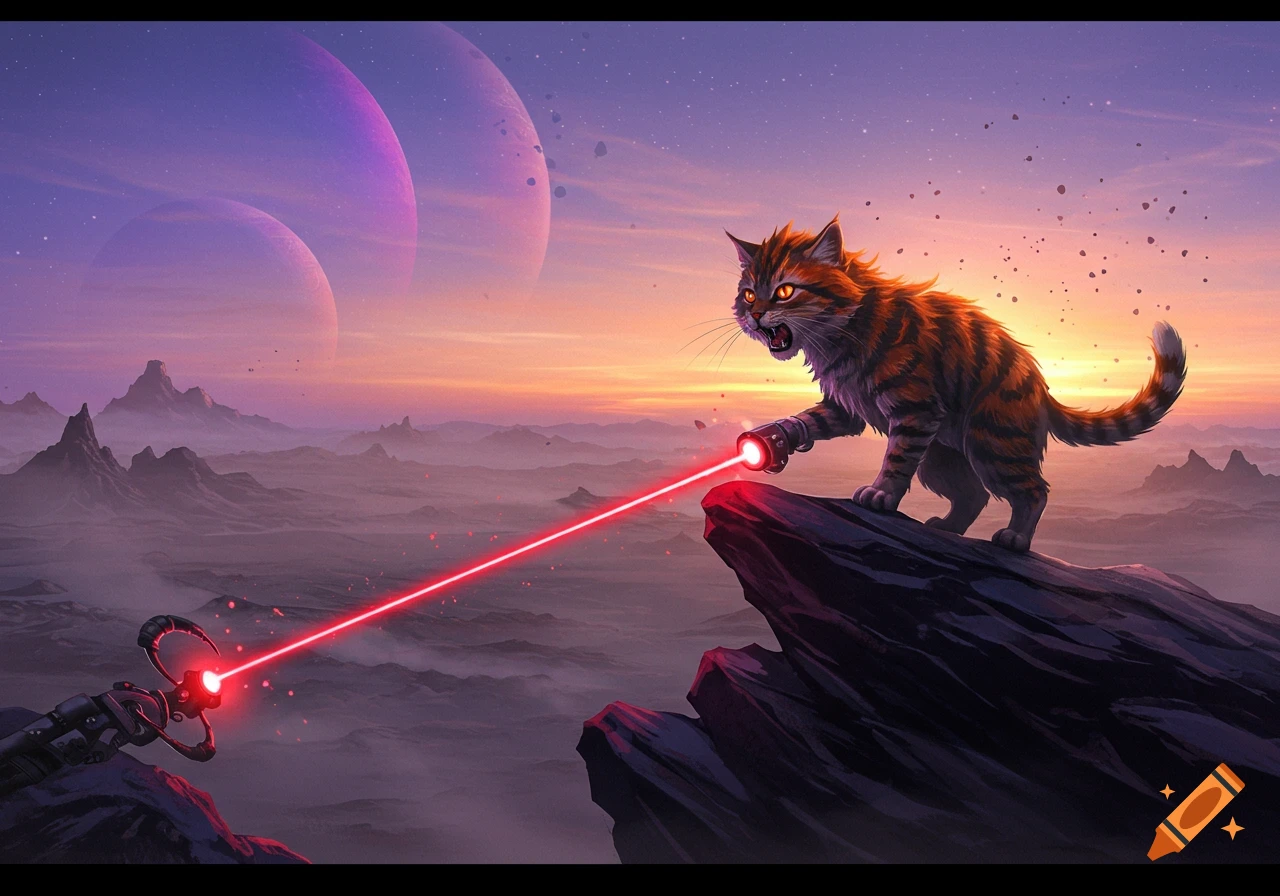 An angry tabby cat stands on a rock, firing a red laser across an alien landscape with multiple planets in a sunset sky.