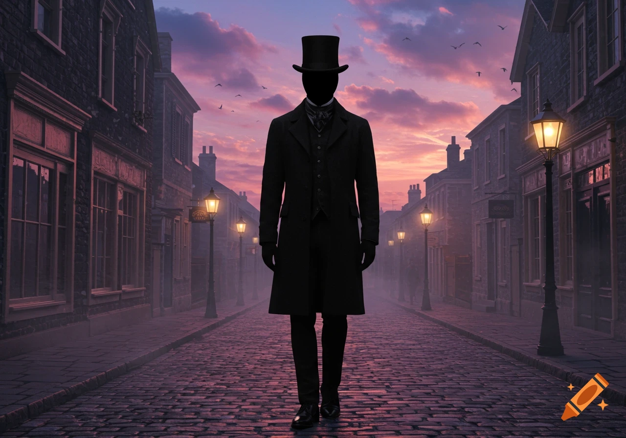 A silhouetted figure in a top hat and coat stands on a cobblestone street at sunset, surrounded by old buildings.