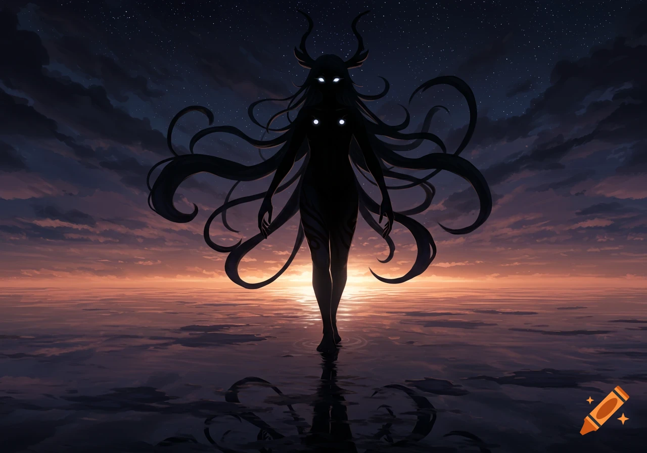 An anime fantasy image of a silhouetted horned creature with glowing eyes standing in water at sunset.