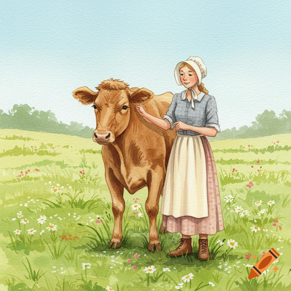 A watercolor illustration of a pioneer woman petting a brown cow in a green field filled with wildflowers.