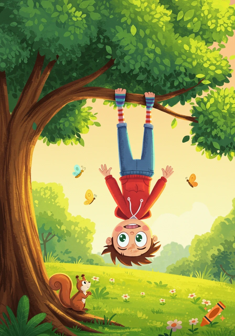 A happy cartoon child hangs upside down from a tree branch in a sunny park with butterflies and a squirrel.