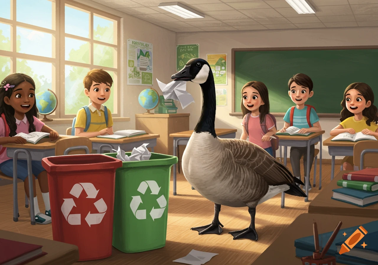 A Canadian goose recycles paper into a green bin in a bright classroom with smiling children watching.
