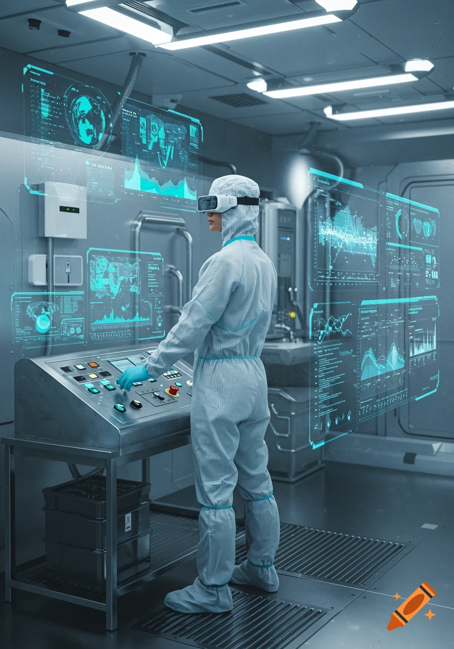 A lab assistant in a cleanroom suit and VR headset operates a control panel with holographic displays in a futuristic laboratory.