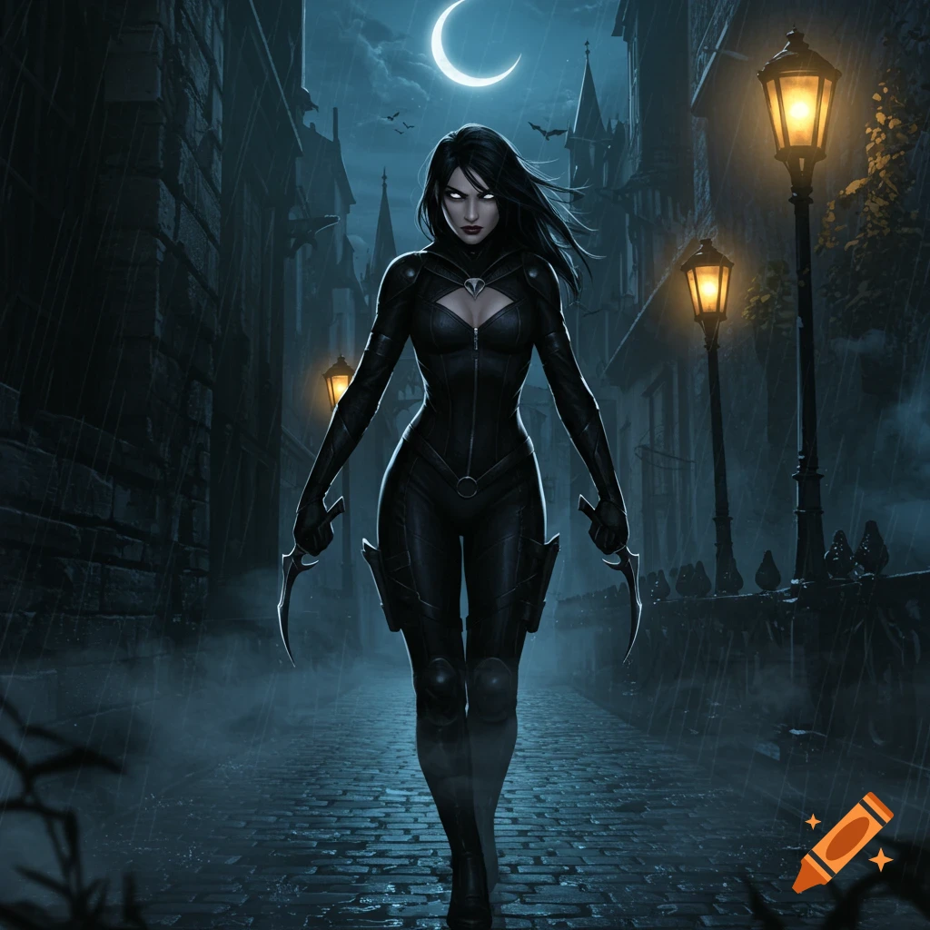 A dark-haired woman in a black suit holds knives on a rainy cobblestone street at night, under a crescent moon with glowing streetlights.