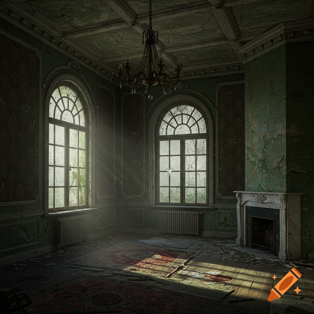 Dilapidated Victorian gothic interior with arched windows, chandelier, fireplace, and sunlight streaming onto a worn rug.
