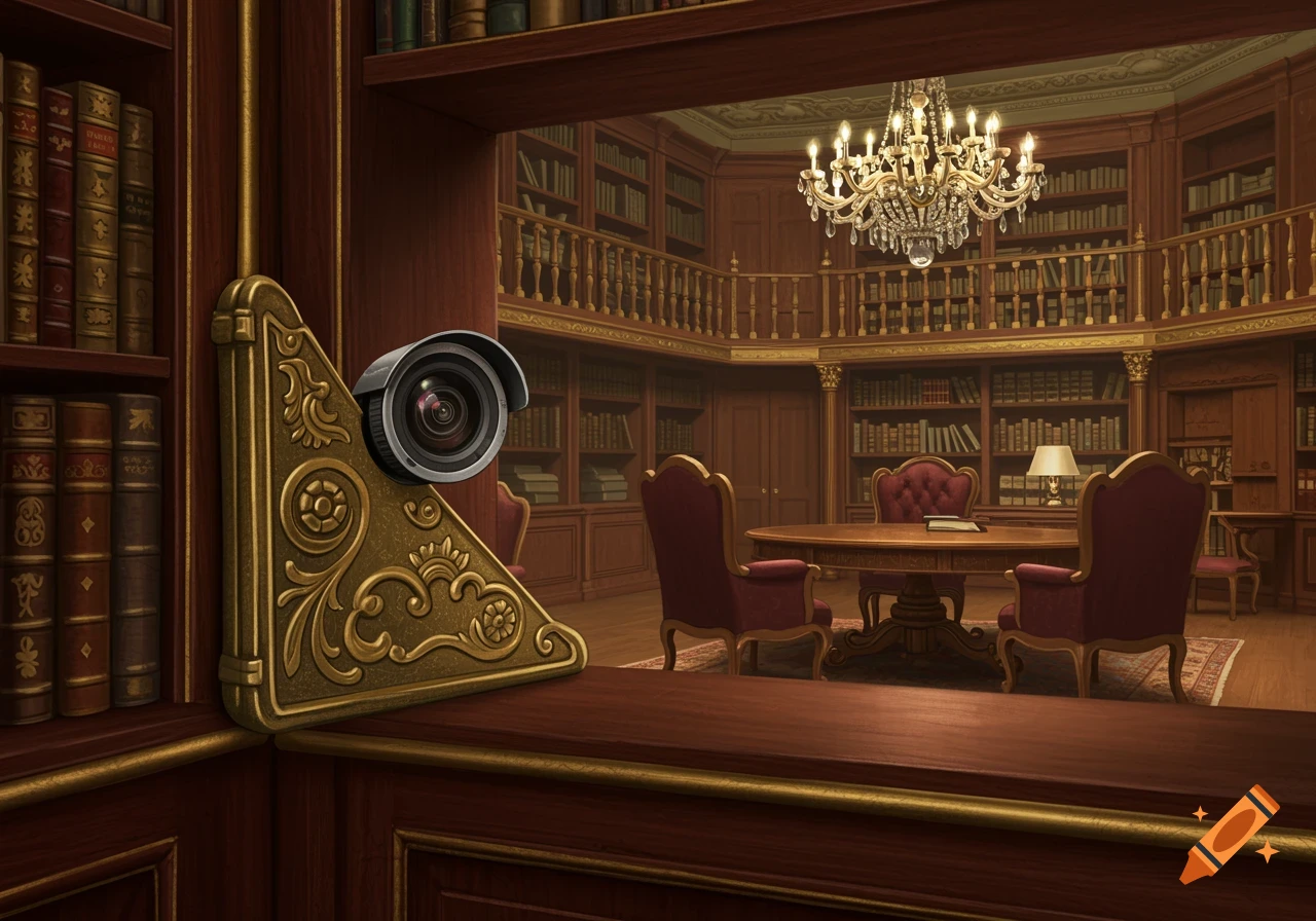 A hidden security camera peeking from a bookshelf in a luxurious, ornate library with dark wood and a grand chandelier.