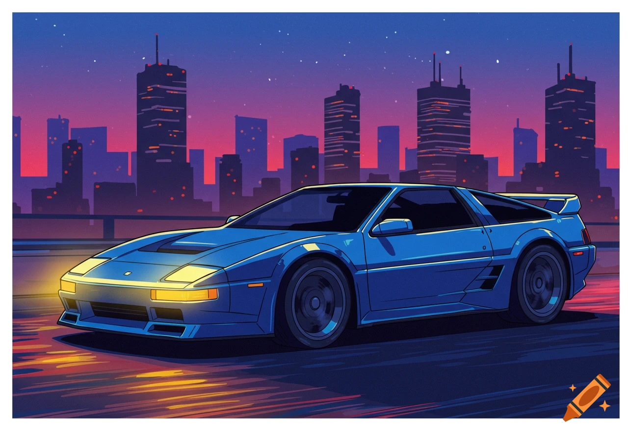 Cel-shaded illustration of a blue sports car driving on a road with a neon city skyline at night.