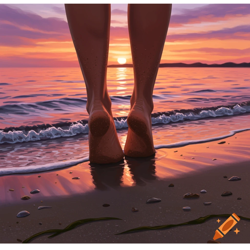 A close-up of a person's feet standing in the shallow water on a beach at sunset, with warm colors reflecting on the wet sand.