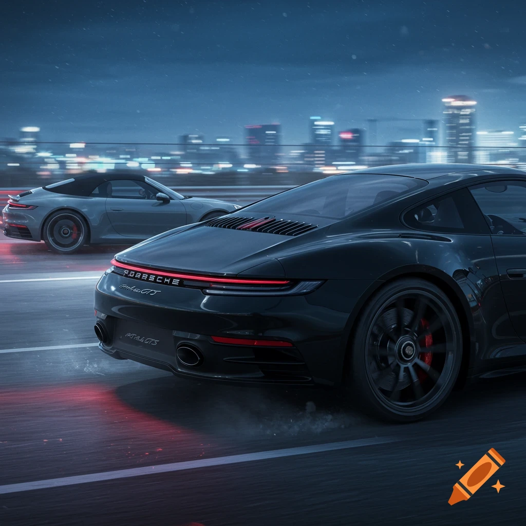A black Porsche Carrera GTS leading a grey Porsche cabriolet on a wet city road at night, with blurred city lights in the background.
