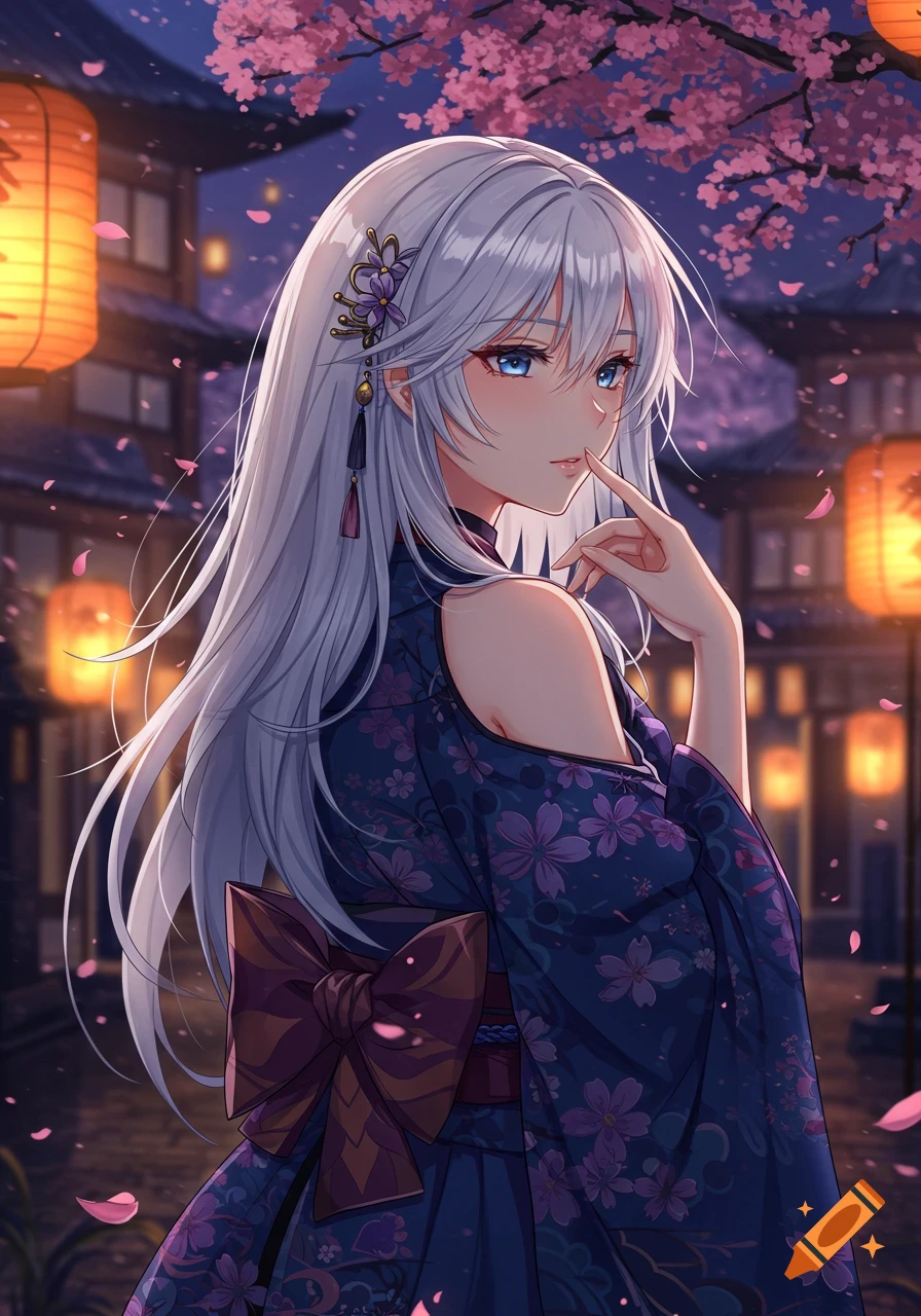 An anime woman with long silver hair in a blue floral kimono poses delicately at night under cherry blossoms and glowing lanterns.