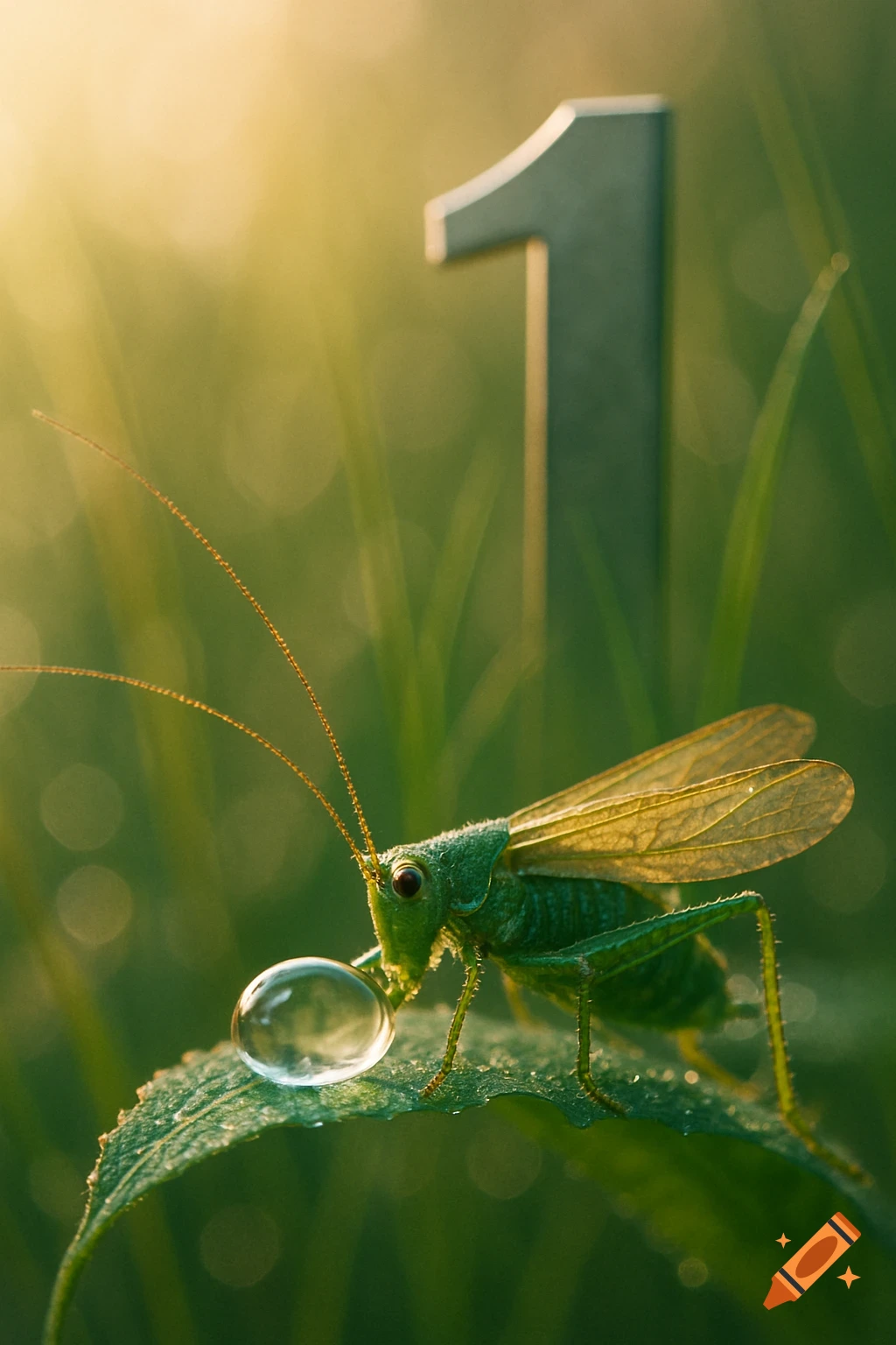 A close-up shot of a green cricket on a leaf, drinking from a water droplet, with a large, blurred number '1' in the grassy background.