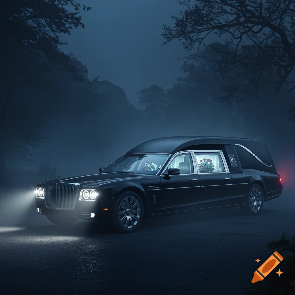 A black hearse car with bright headlights on, parked on a misty road at night with dark trees in the background.