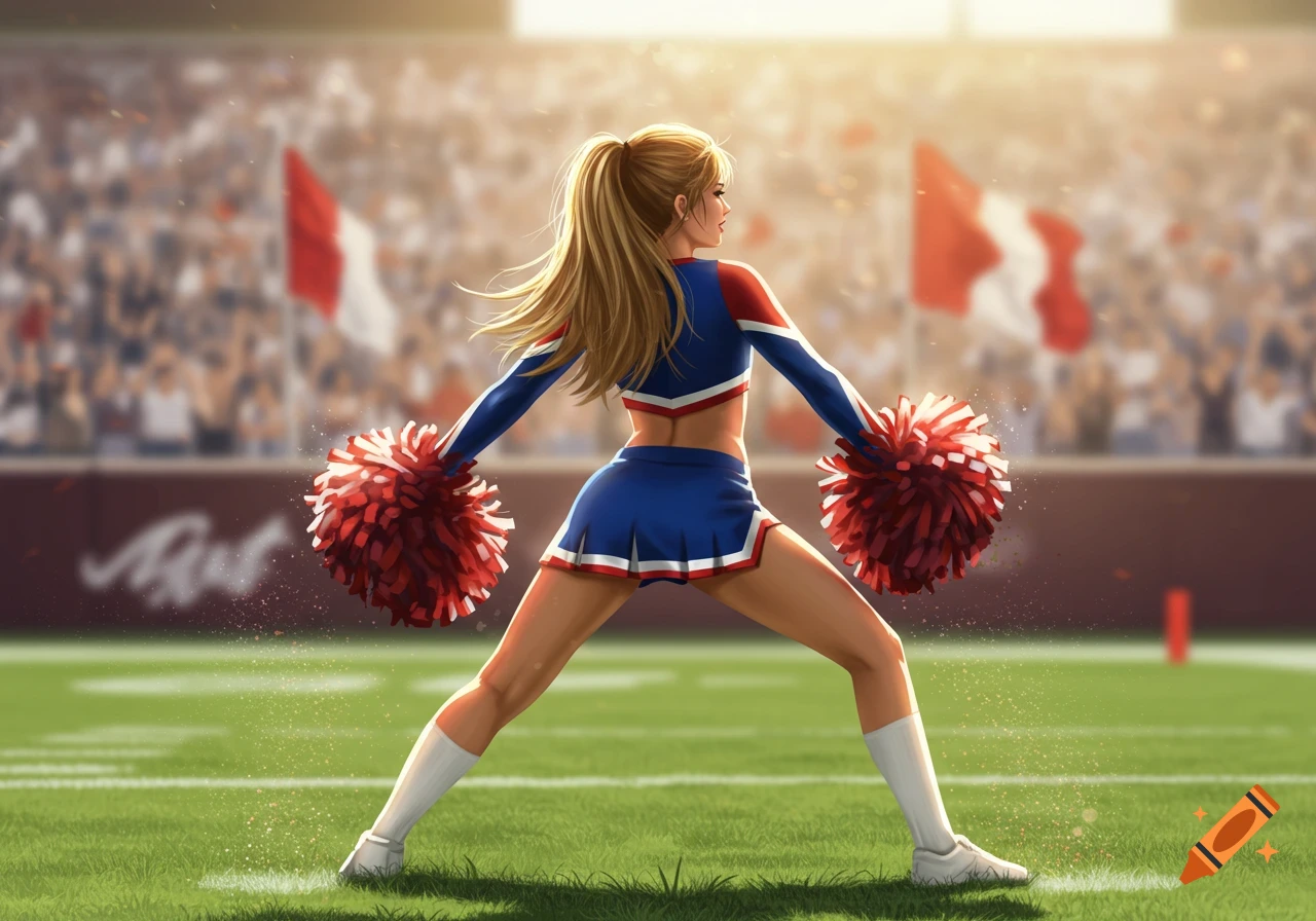 Blonde cheerleader in blue and red uniform, seen from behind, holding red pom-poms on a sports field with a blurred stadium.