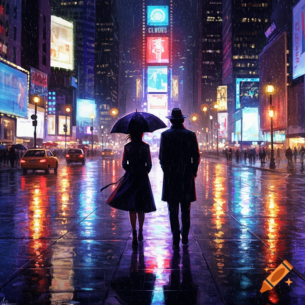 A silhouetted couple walks with an umbrella down a rainy city street at night, illuminated by the vibrant reflections of neon billboards.