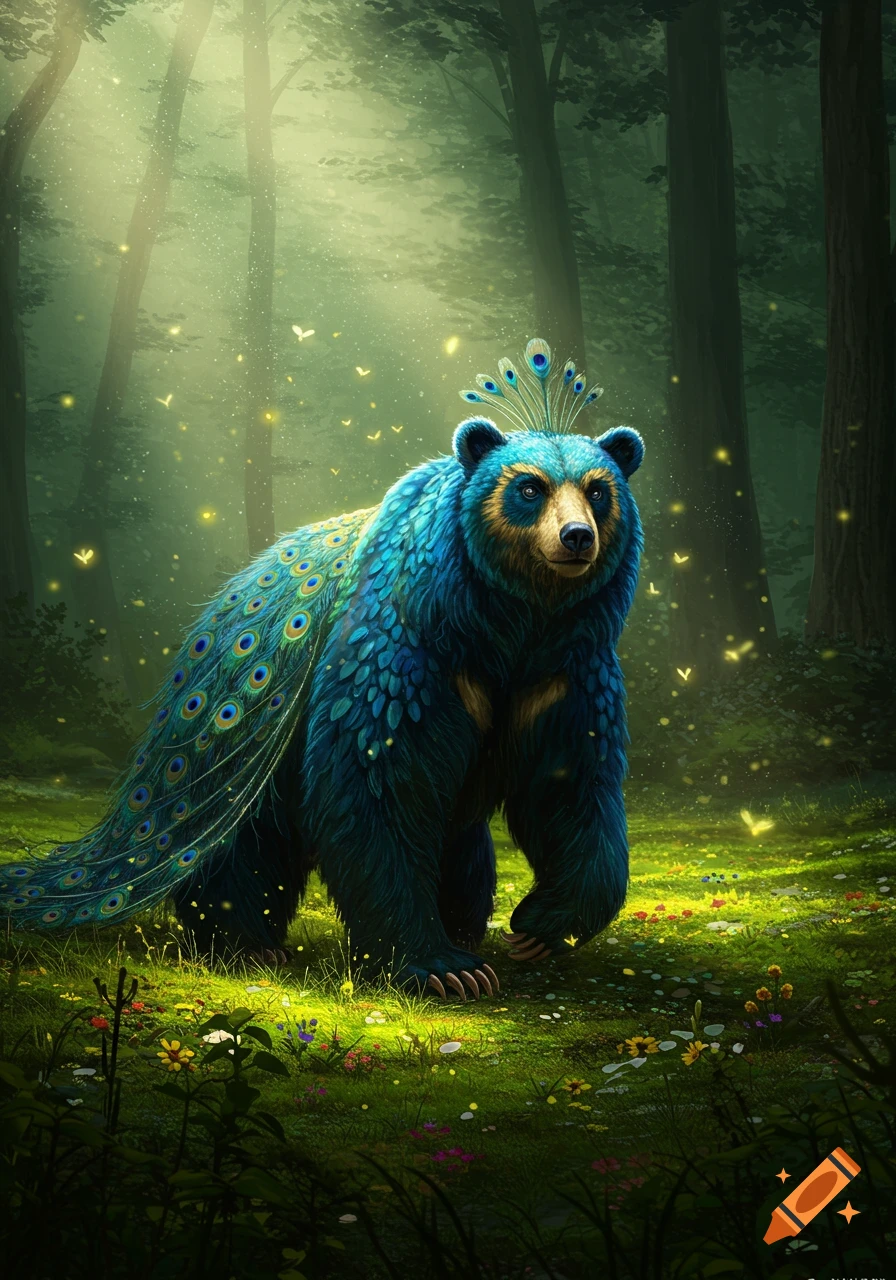 A majestic bear with bright blue and green peacock feathers walks through a sunlit, magical forest filled with glowing butterflies and wildflowers.