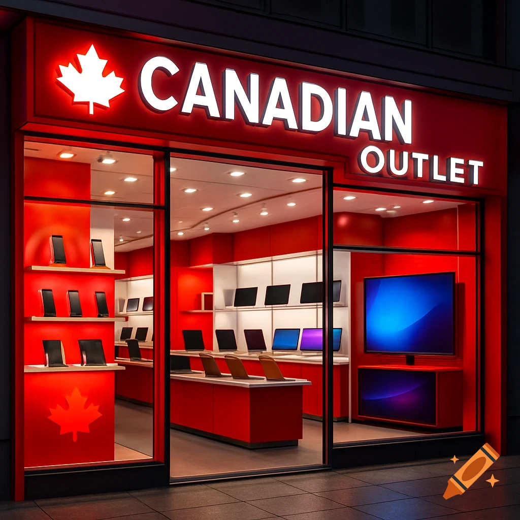 Photorealistic exterior of a red and white Canadian Outlet electronics store at night, displaying phones, laptops, and a large TV.