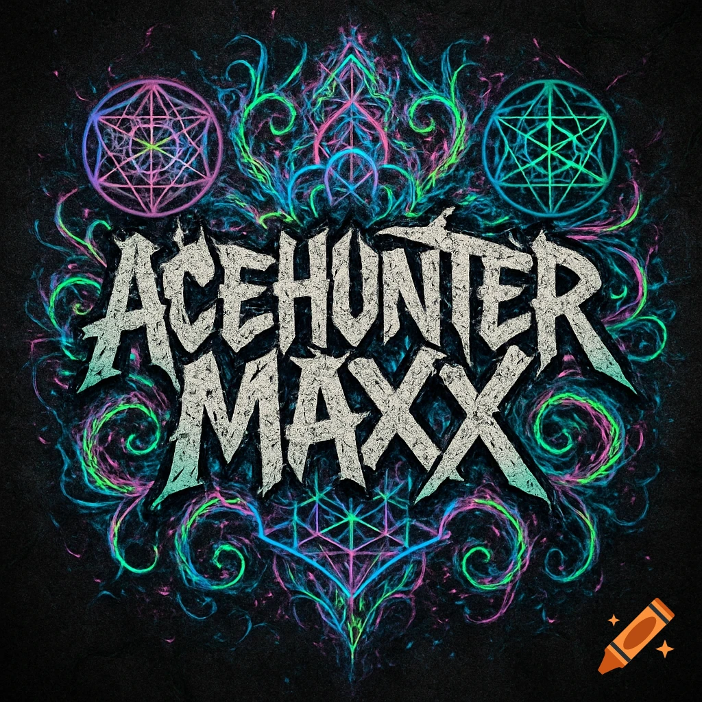 Gritty, psychedelic logo for AceHunter Maxx with glowing fractals and sacred geometry in pink, green, and blue on a dark background.