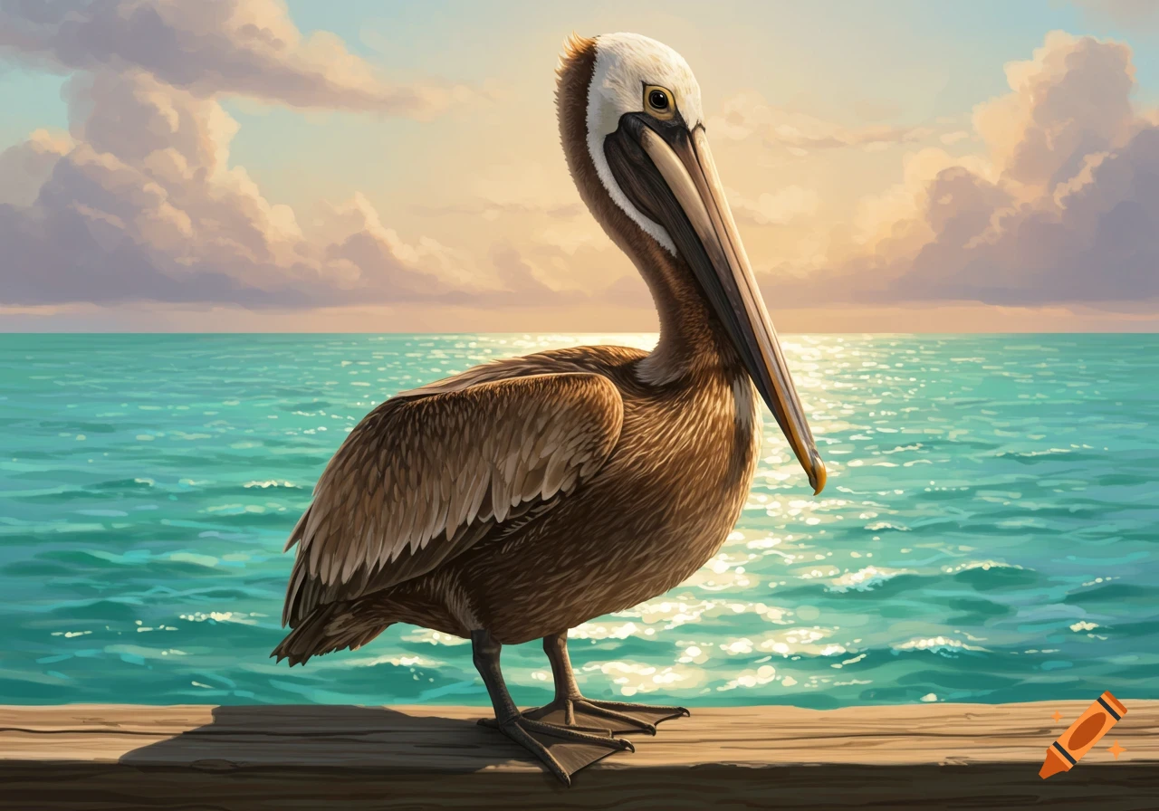 A brown pelican stands on a wooden pier overlooking a calm, turquoise ocean with a cloudy sunset sky.