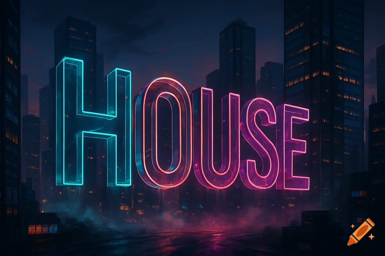 Neon blue and pink letters spell 'HOUSE' in a dark, futuristic cityscape with illuminated skyscrapers.