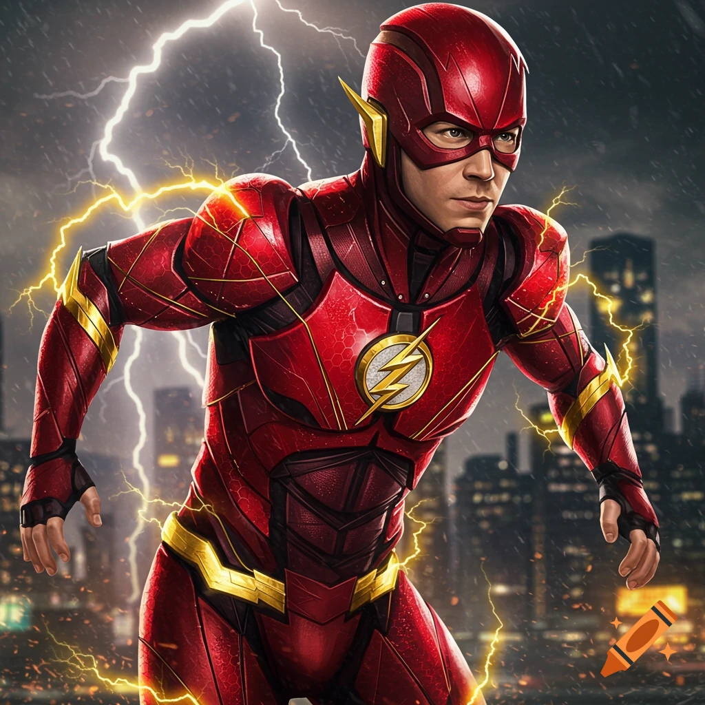 The Flash in his red suit stands in a lightning storm over a cityscape.