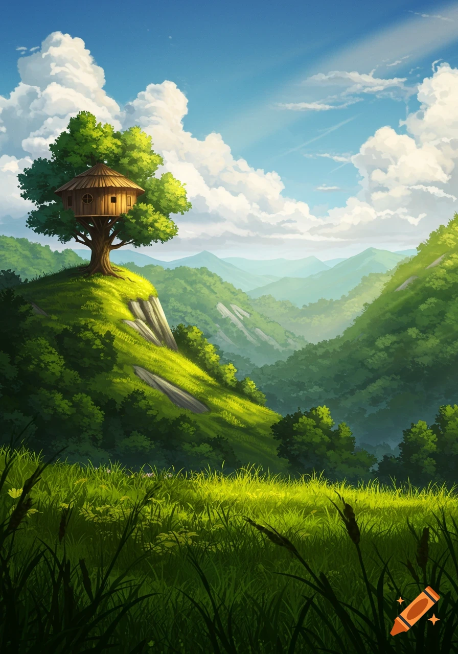 A whimsical treehouse perched on a grassy hill overlooking a lush, green valley under a blue sky with fluffy clouds.